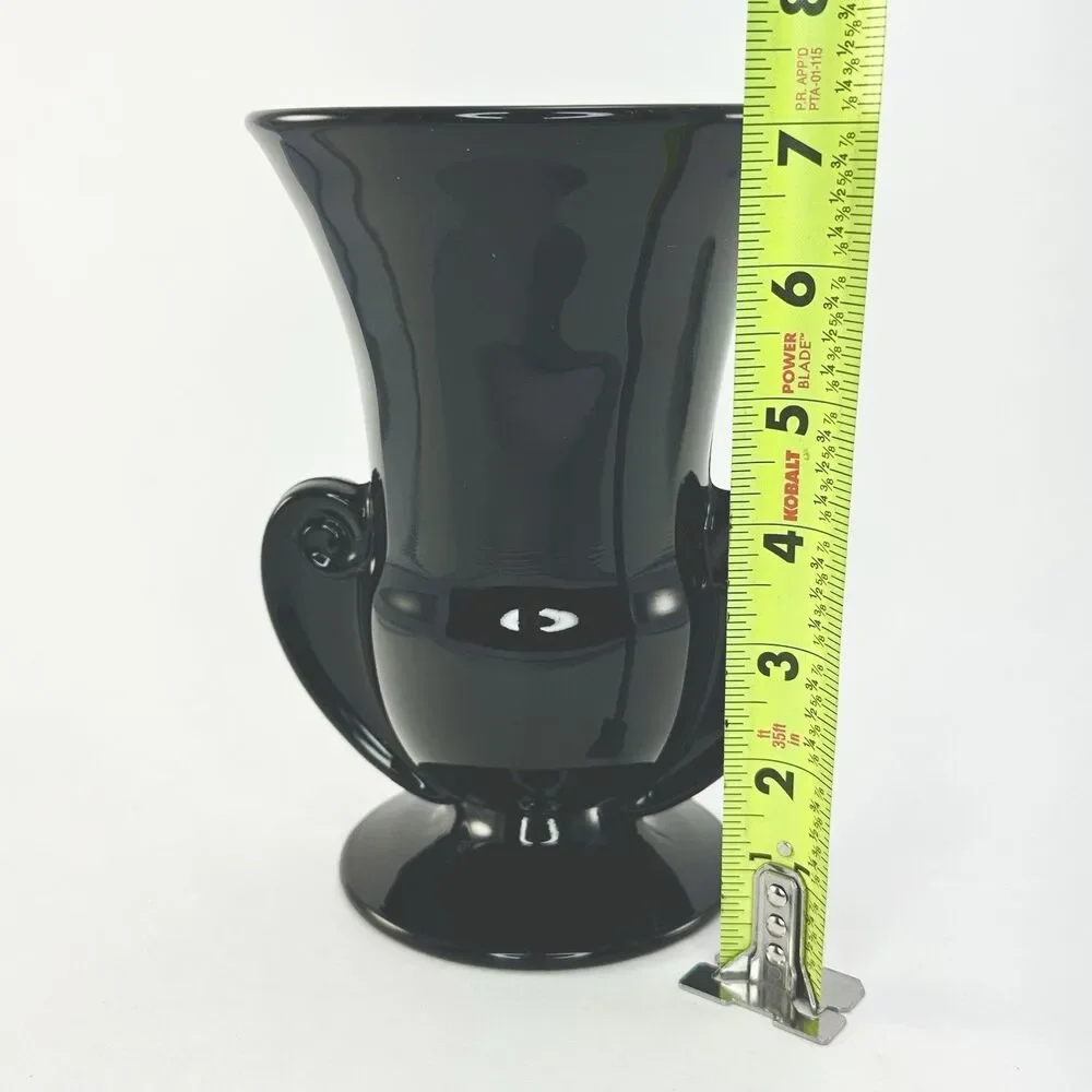 Fostoria Sakier Ebony Black Glass Urn Vase #2467 Scroll Handles 7” 1930s
